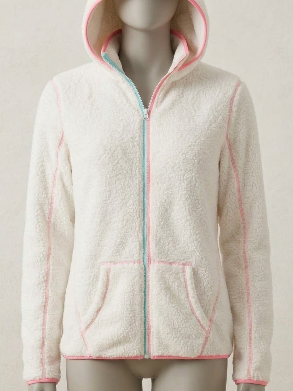 NWOT SO Cream Sherpa Zip-Up Hoodie with Pink Trim and Light Blue Zipper